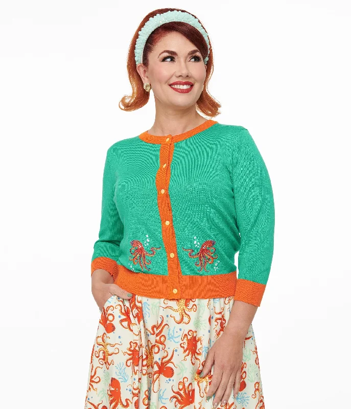 1950s Mint Green & Orange Octopus Embroidery Leslie Cardigan