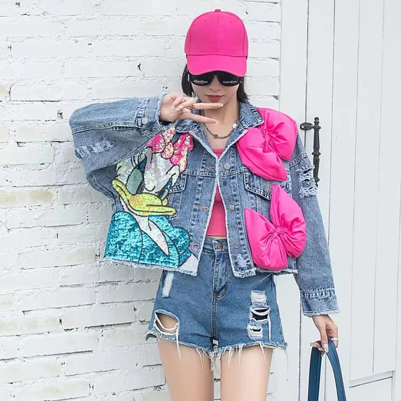 Getadme-New Women Coat Cartoon Sticker Embroidered Sequin Short Denim Jacket Loose Bowknot Top