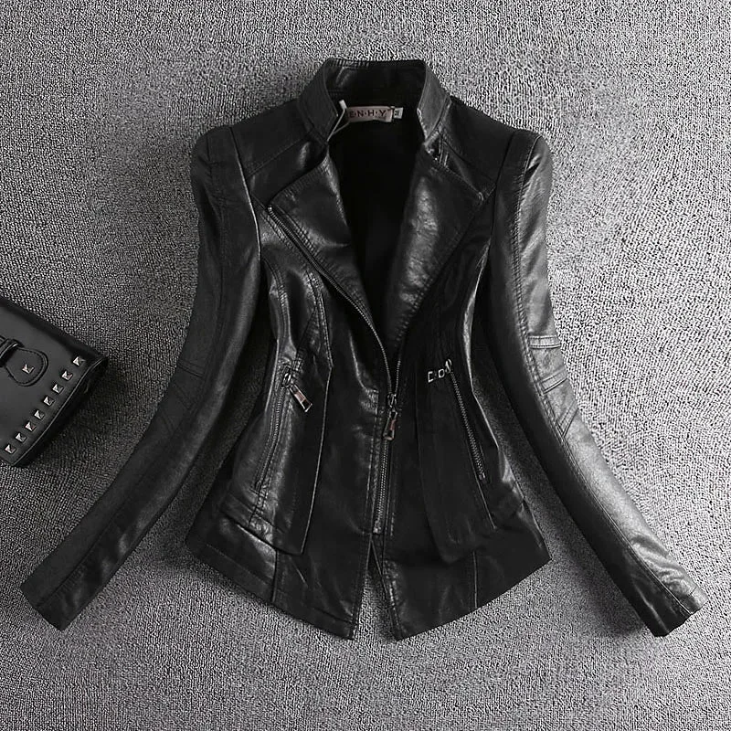 Getadme-Spring Autumn Real Fur Leather Jacket Women Small Coat Slim-Fit PU All-Match Casual Motorcycle