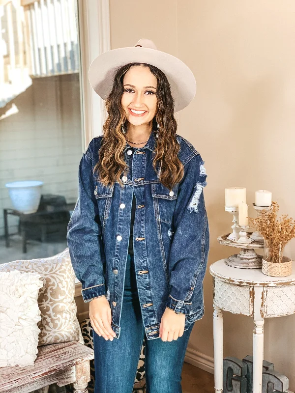 On The Road Distressed Button Up Denim Jacket in Dark Wash