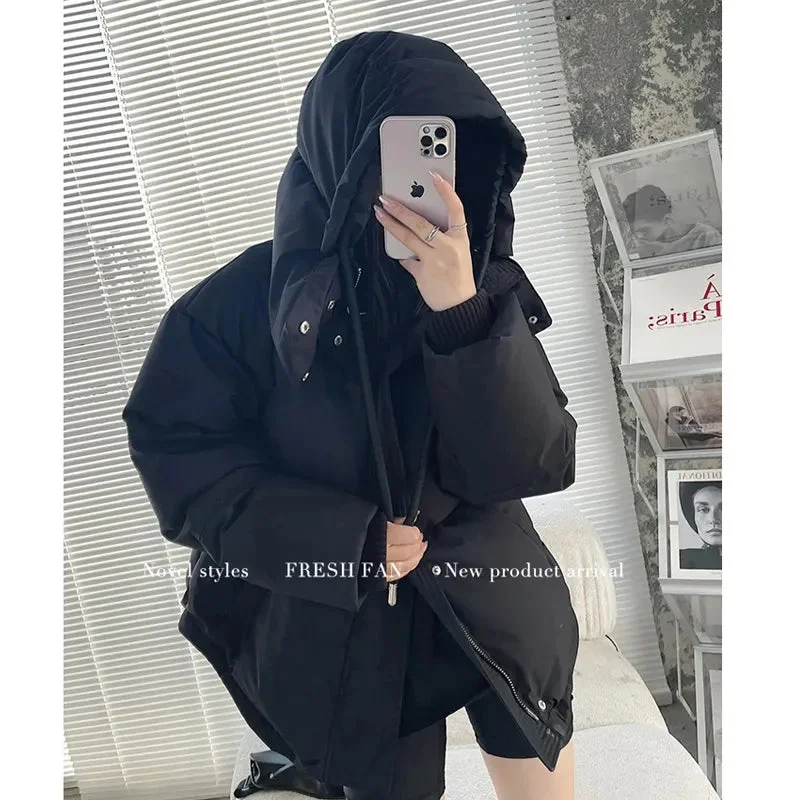 Grey Down Jacket Women Coat Black Hooded Fashion American Streetwear Y2K Style Duck Down Feather Female Winter Short Outwear