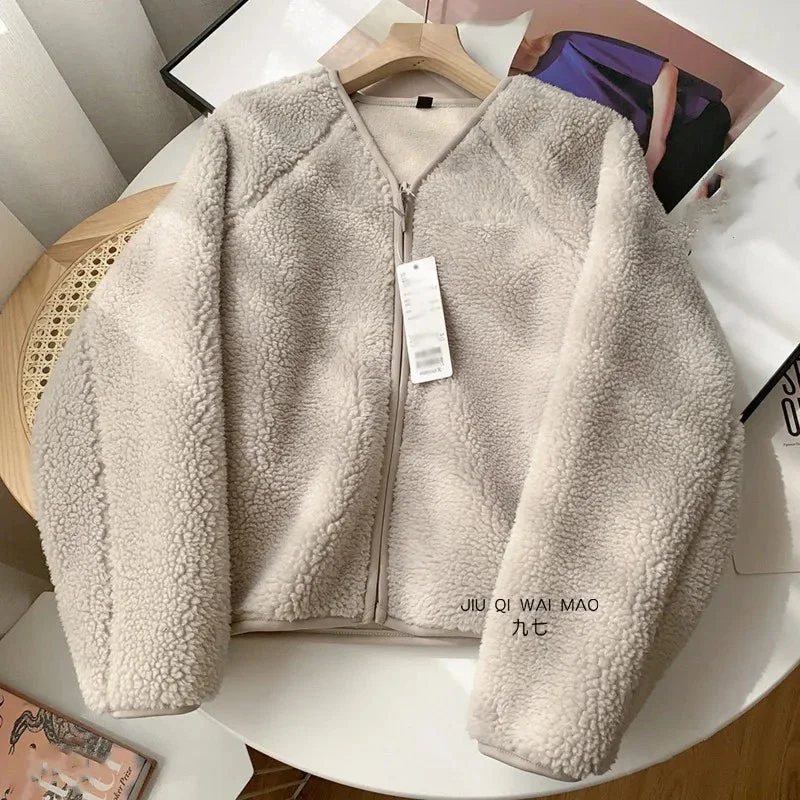 Getadme Lamb Fur Women Coats Autumn Winter Solid Thick Warm V-Neck Long-Sleeved Casual All Match Female Outwear Jackets