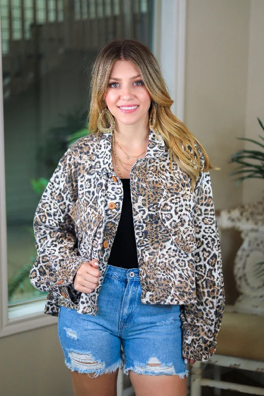 Drippin' in Finesse Over Sized Crop Denim Jacket in Leopard