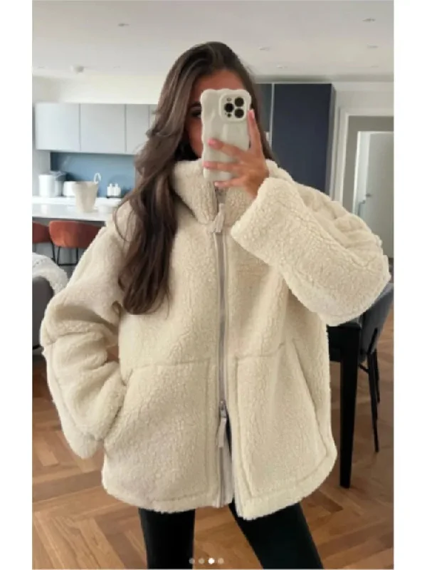 Loose Lamb Wool Coat For Women Fashion Long Sleeves Zipper Pocket Warm Jackets 2023 Winter Female Casual High Street Outwear