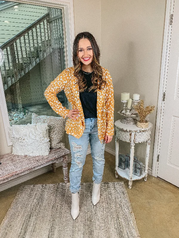 Out Of Office Leopard Print Open Front Blazer with Long Sleeves in Mustard Yellow