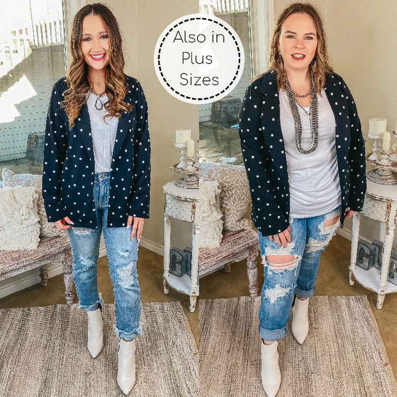 Last Chance Size Small | Out Of Office Polka Dot Open Front Blazer with Long Sleeves in Black