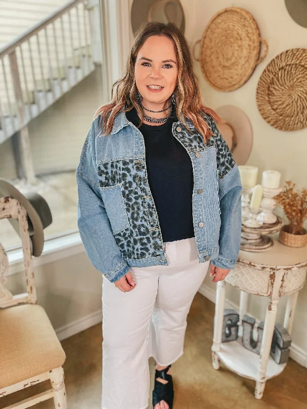 Plus Sizes | Downtown Dallas Large Pocket Leopard Mix Denim Jacket in Light Wash