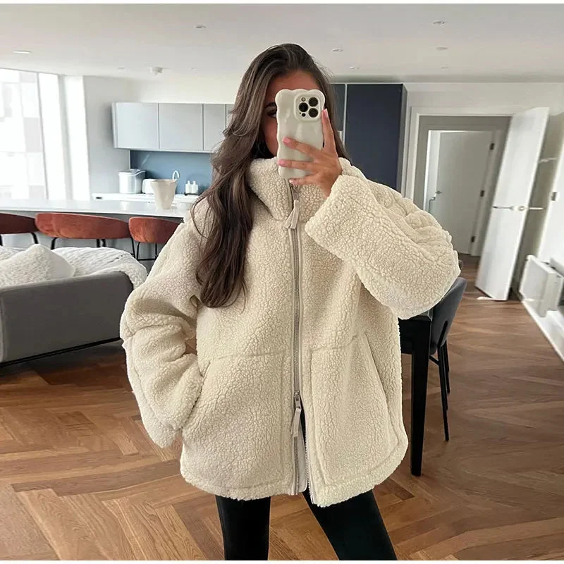 Solid Casual Loose Zippered Plush Jacket Women's Fashion Elegant Long Sleeve Overcoat 2023 Autumn/Winter Thick Warm Street Wear