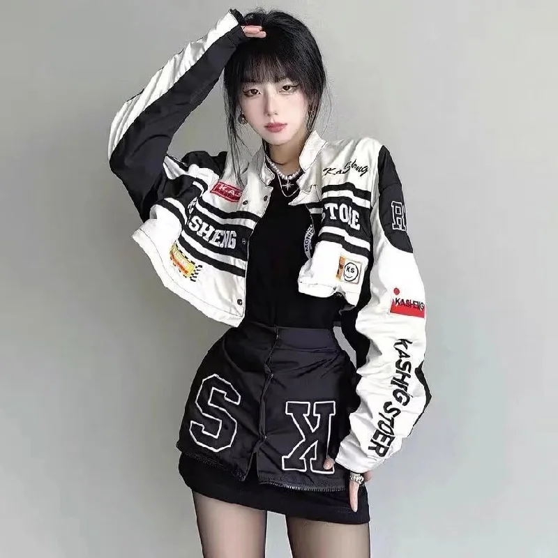 Getadme Vintage Women Baseball Jacket Spring Autumn America Racing Detachable Stand Collar Coat Patchwork Letter Embroidery Clothing