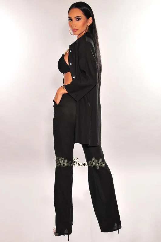 black-linen-collared-button-up-sleeves-palazzo-pants-two-piece-set