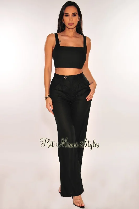 Black Linen Sleeveless Palazzo Pants Two Piece Set