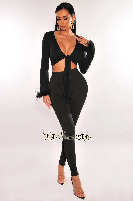 Black Tie Up Long Sleeve Feather Pants Two Piece Set