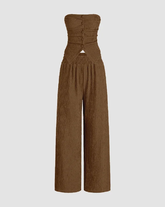 Front Button Tube Top & Wide Leg Pant In Brown