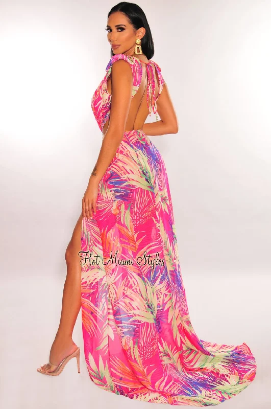 magenta-tropical-print-plunge-studded-maxi-skirt-two-piece-set