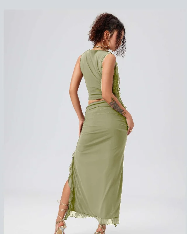 mesh-ruffle-tank-top-split-ruched-maxi-dress-in-green