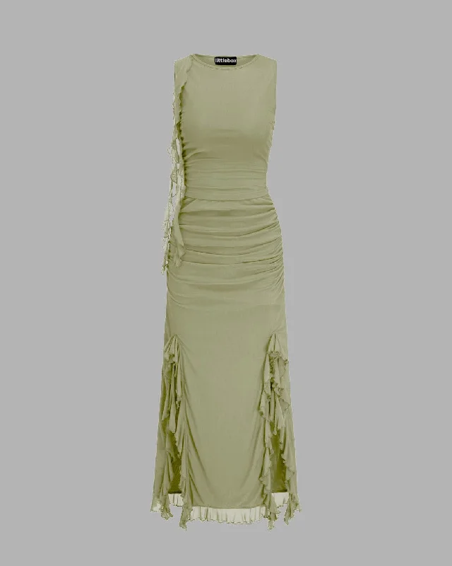 mesh-ruffle-tank-top-split-ruched-maxi-dress-in-green