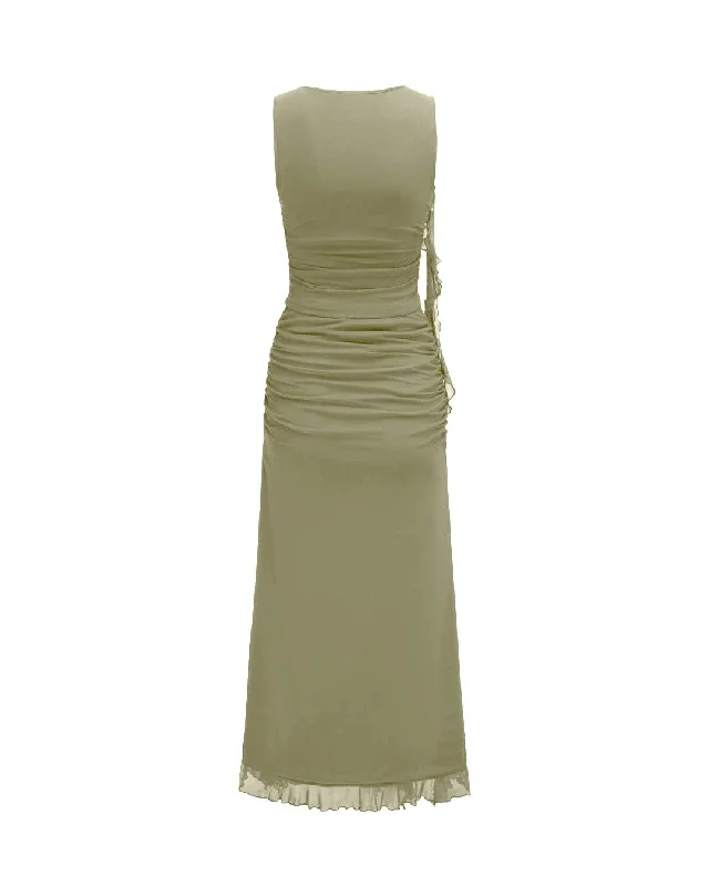 mesh-ruffle-tank-top-split-ruched-maxi-dress-in-green