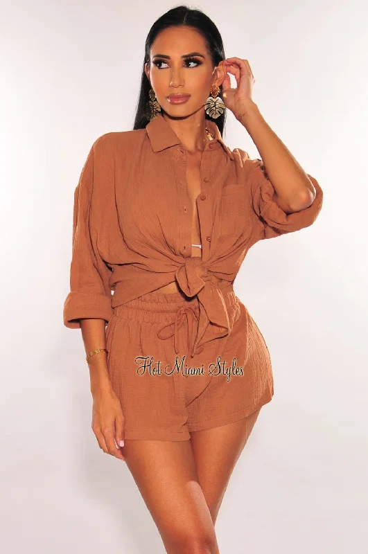 Mocha Collared Button Up Long Sleeve Shorts Two Piece Set