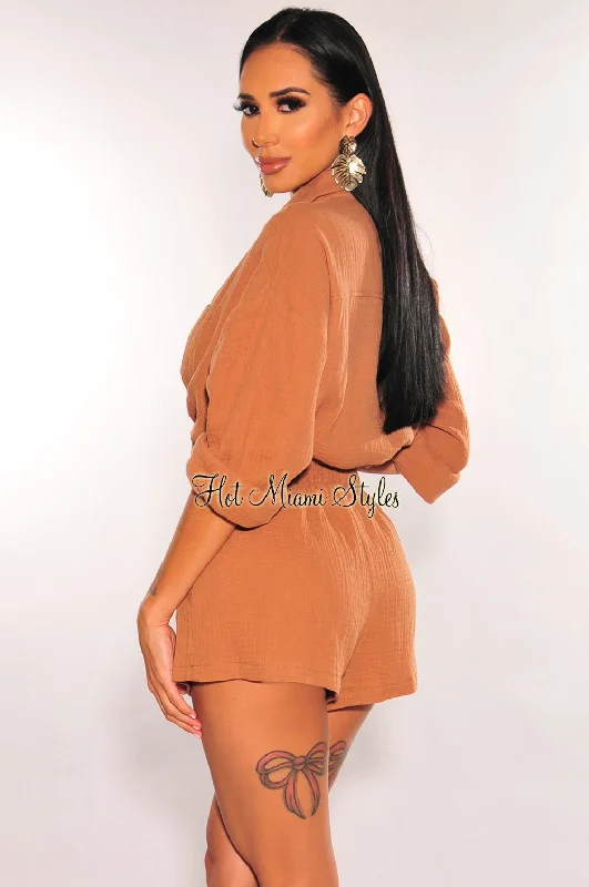 mocha-collared-button-up-long-sleeve-shorts-two-piece-set