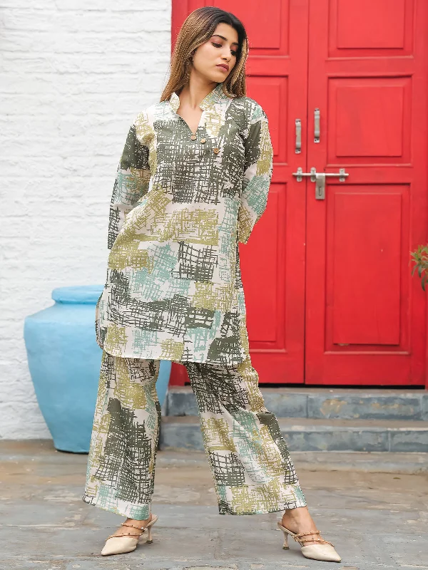 Odette Green Cotton Printed Stitched Co Ord Set for Women