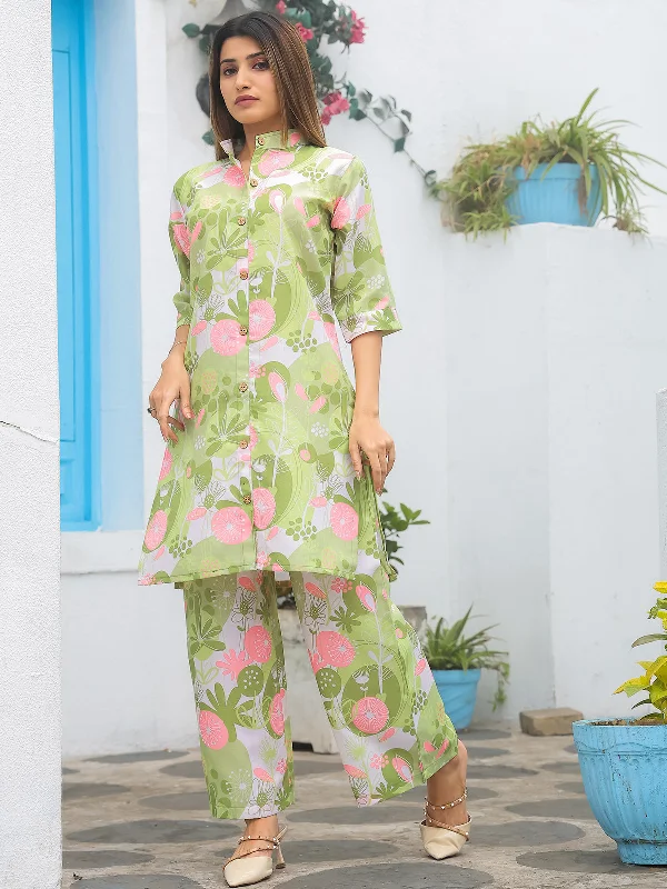 Odette Light Green Cotton Printed Stitched Co Ord Set for Women