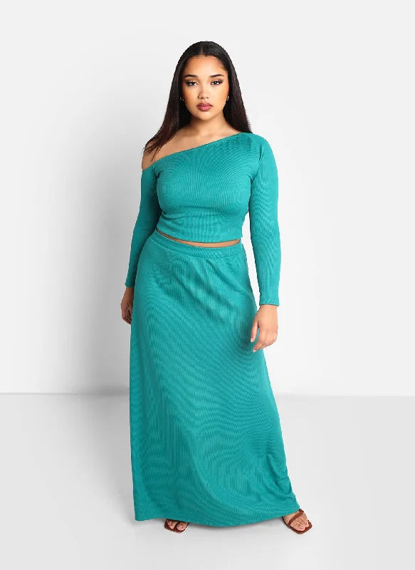 Olga Ribbed Maxi Shift Skirt - Teal