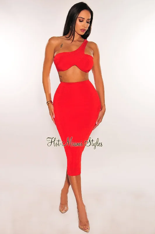 Red Ribbed Shimmery One Shoulder Ruched Back Skirt Two Piece Set