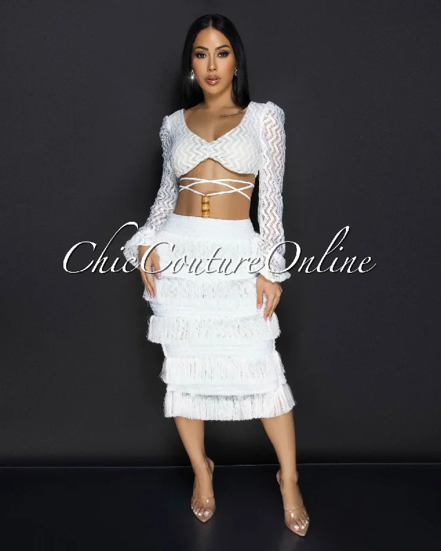 Sonnet White Lace Crop Top & Fringe Skirt Set