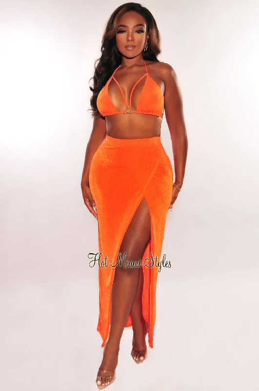 Tangerine Gold Ring Triangle Top Slit Skirt Two Piece Set