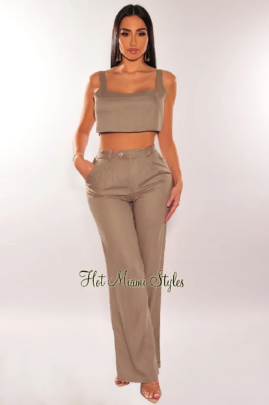 Taupe Linen Sleeveless Palazzo Pants Two Piece Set