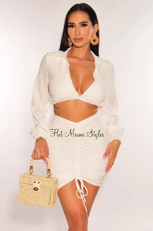 White Eyelet Embroidery Collared Long Sleeve Ruched Skirt Two Piece Set