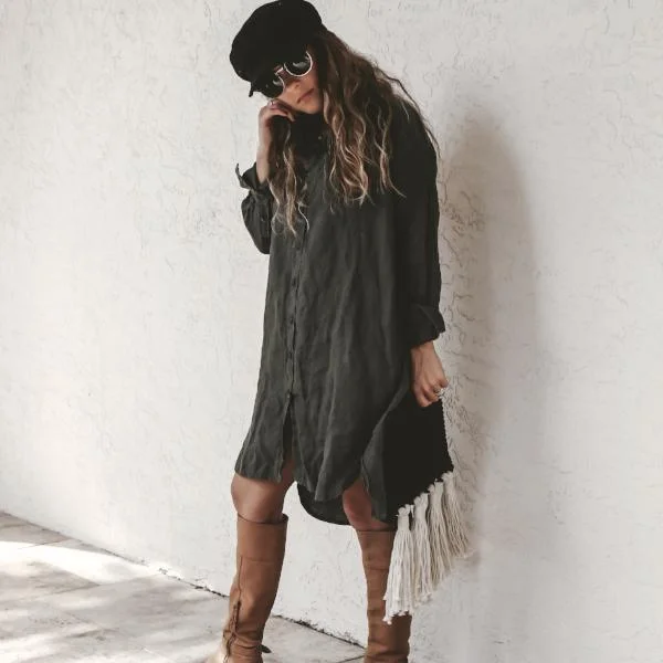 Harper Linen Shirt Dress in Khaki