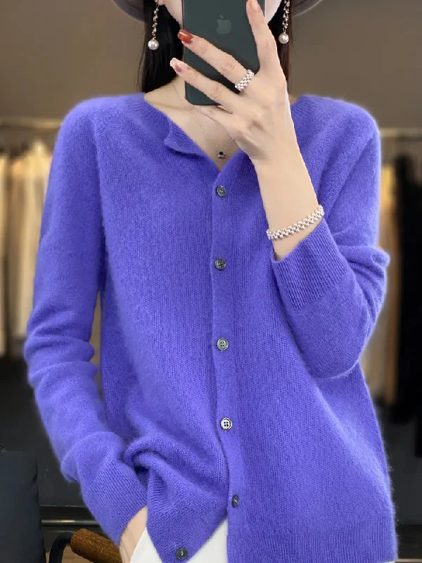 New Fashion Autumn 100% Pure Merino Wool Womens O-neck Cardigan Cashmere Sweater 2023 Female Clothing Grace Knitwear Korean Tops