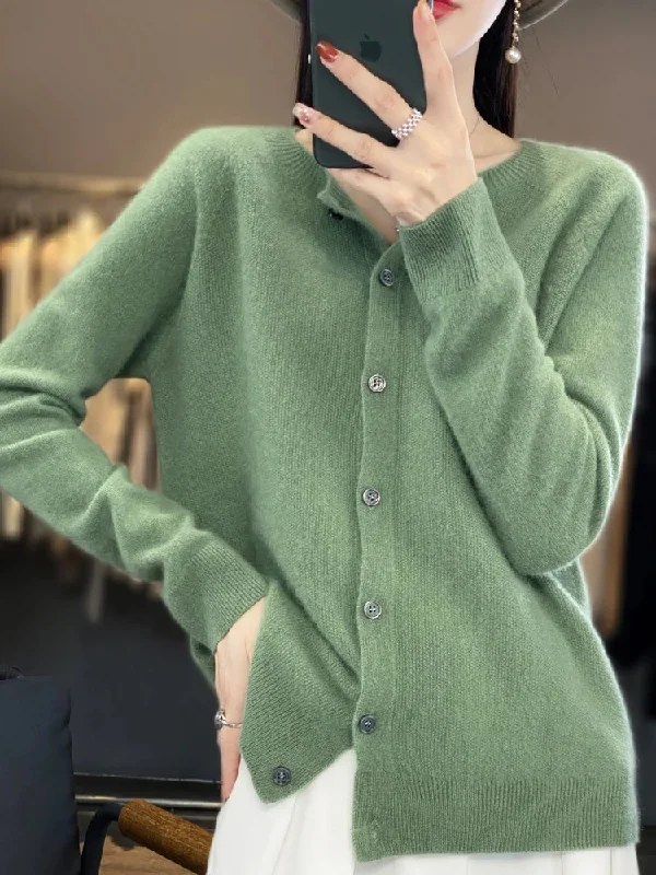 New Fashion Autumn 100% Pure Merino Wool Womens O-neck Cardigan Cashmere Sweater 2023 Female Clothing Grace Knitwear Korean Tops