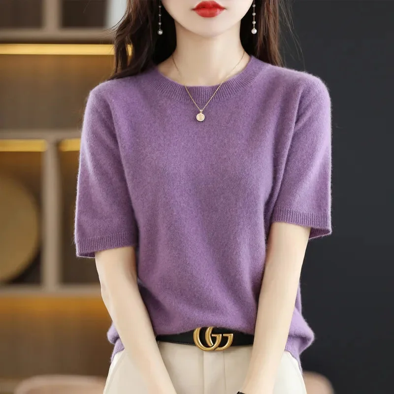 Spring and Summer New Short-sleeved Women O-neck Slim Wool Cotton Blend Pullover Vest T-shirt Knitted Base Sweater