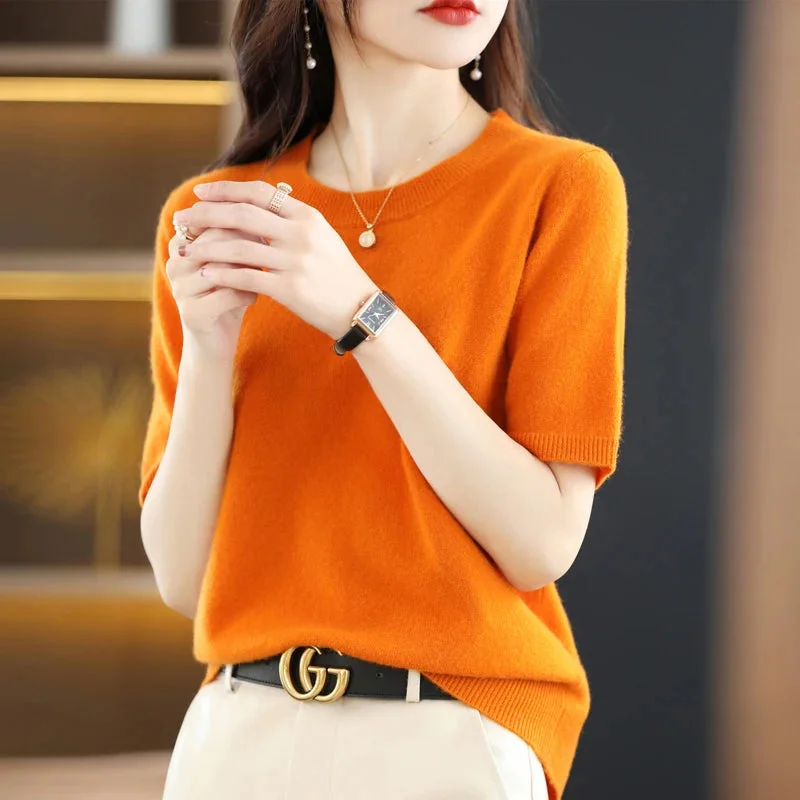 Spring and Summer New Short-sleeved Women O-neck Slim Wool Cotton Blend Pullover Vest T-shirt Knitted Base Sweater