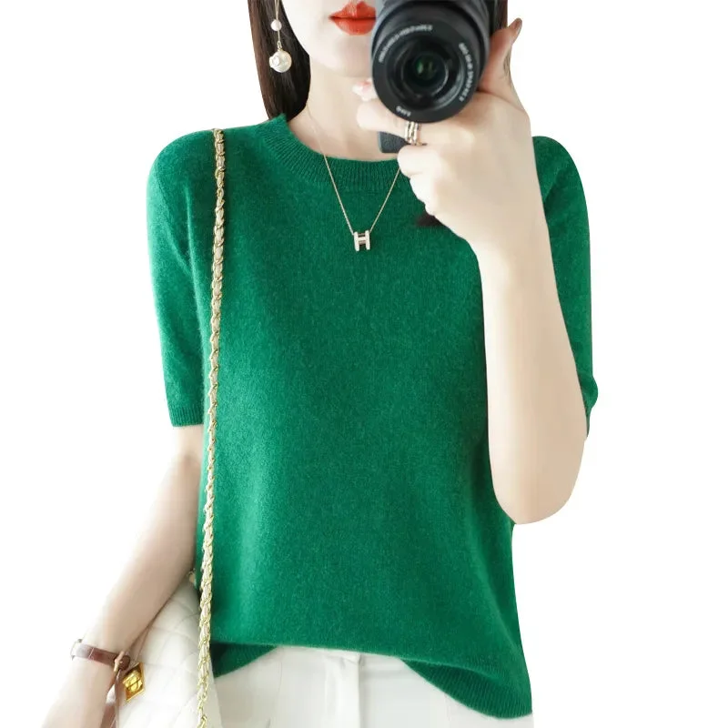 Spring and Summer New Short-sleeved Women O-neck Slim Wool Cotton Blend Pullover Vest T-shirt Knitted Base Sweater