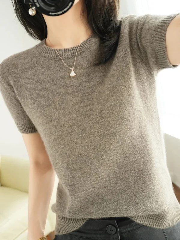 Spring and Summer New Short-sleeved Women O-neck Slim Wool Cotton Blend Pullover Vest T-shirt Knitted Base Sweater