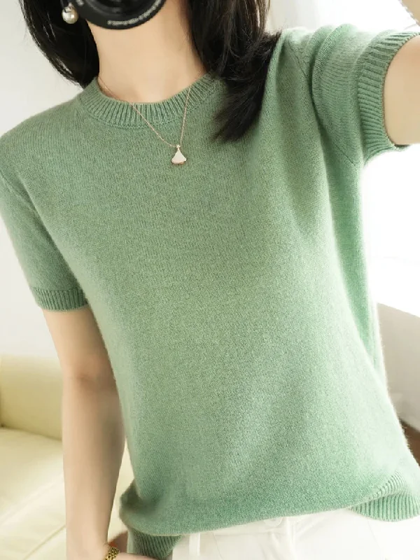 Spring and Summer New Short-sleeved Women O-neck Slim Wool Cotton Blend Pullover Vest T-shirt Knitted Base Sweater