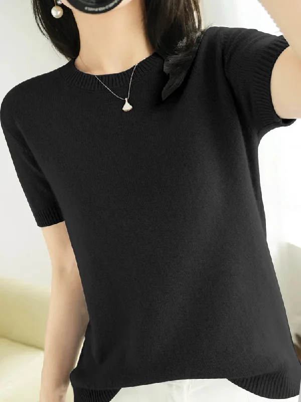 Spring and Summer New Short-sleeved Women O-neck Slim Wool Cotton Blend Pullover Vest T-shirt Knitted Base Sweater