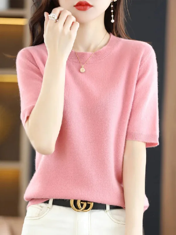 Spring and Summer New Short-sleeved Women O-neck Slim Wool Cotton Blend Pullover Vest T-shirt Knitted Base Sweater