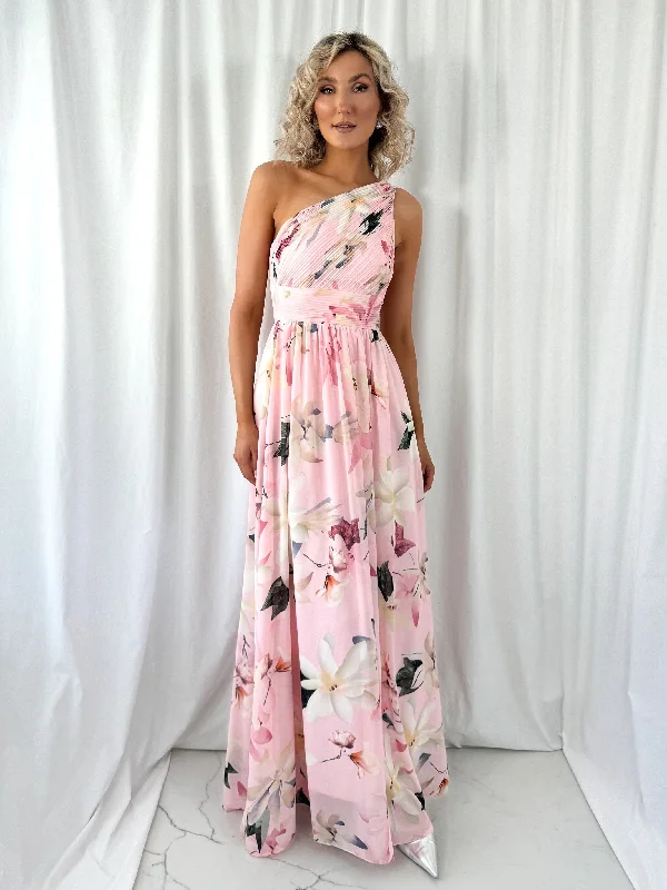 Ashley Maxi Dress with Draped One Shoulder Top - Pink