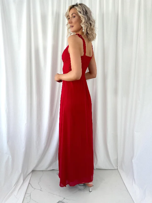 Cheryl Maxi Dress with Flowers Over The Shoulder - Red