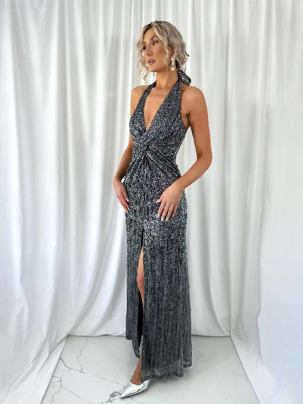 Christine Halter Neck Maxi Dress with Front Open Slit  - Silver