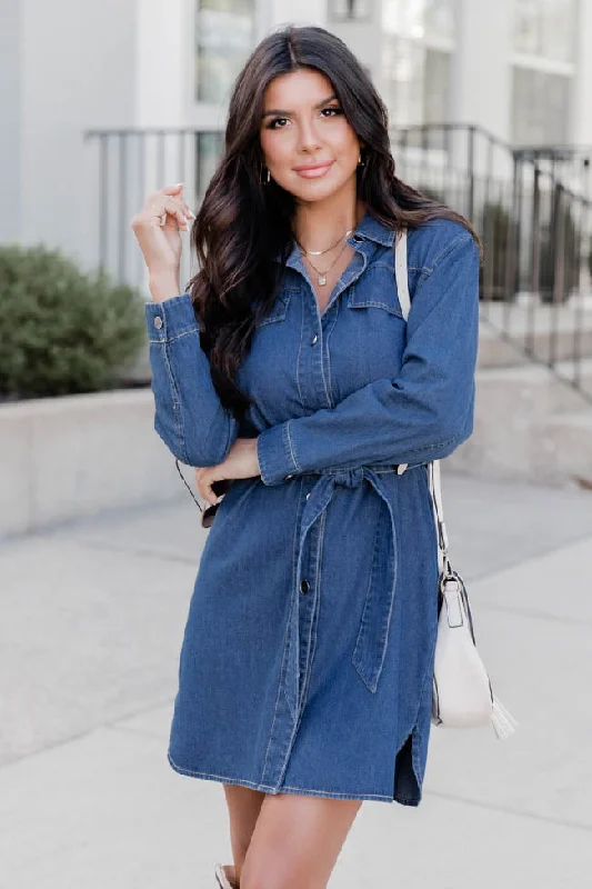 A Great Start Denim Long Sleeve Belted Mini Dress