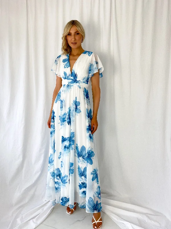 Vicky Maxi Floral Dress - White and Blue