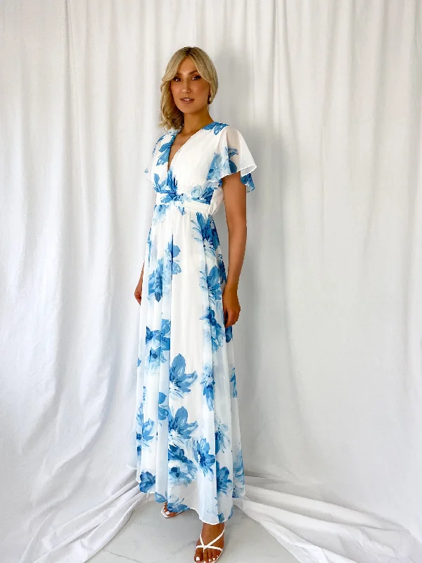 Vicky Maxi Floral Dress - White and Blue