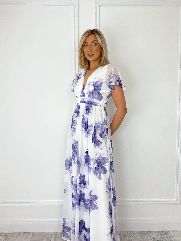 Vicky Maxi Floral Dress - White and Purple