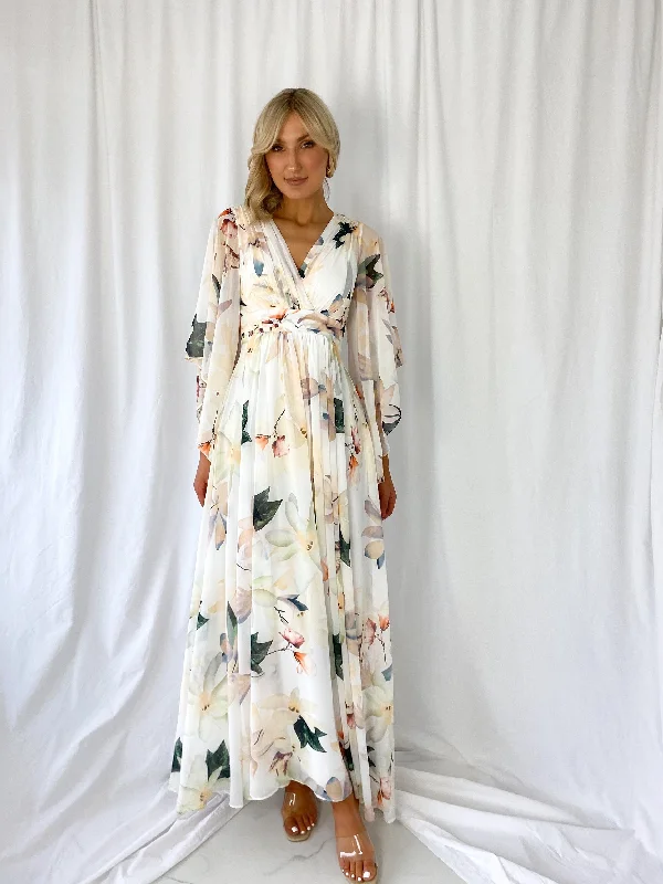 Natalia  Maxi Floral Dress with Bell Sleeves - White