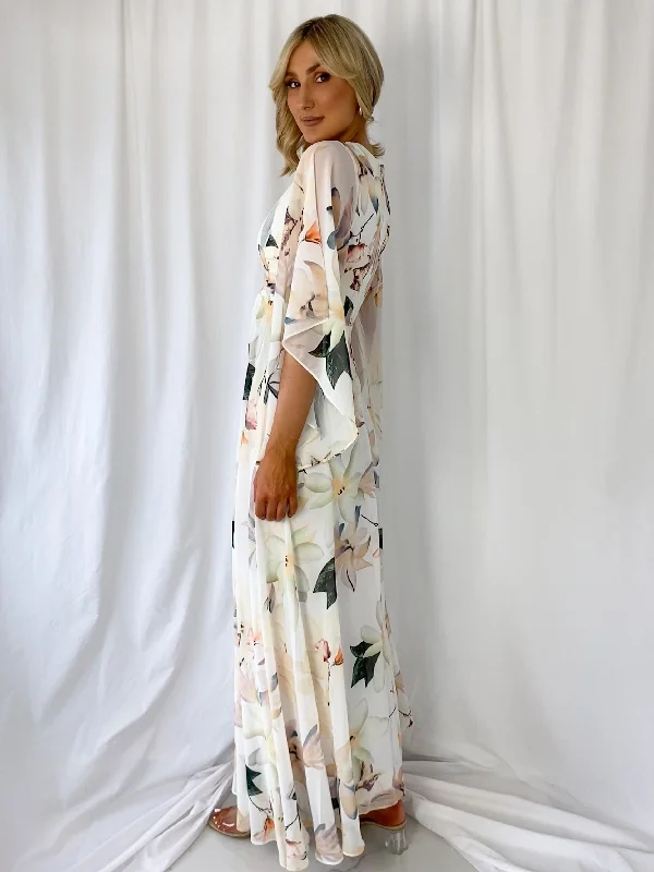 Natalia  Maxi Floral Dress with Bell Sleeves - White